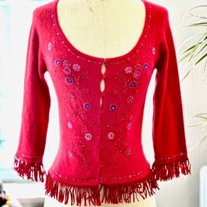 VTG 90s Betsey Johnson Red Embellished Angora Cardigan Sweater Beads+Fringe - L